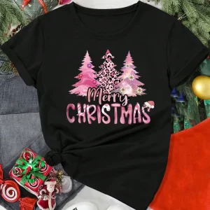 Pink Christmas Tree Women T Shirt Funny Merry Christmas Harajuku Casual O Neck Short Sleeve Female Clothing Tees